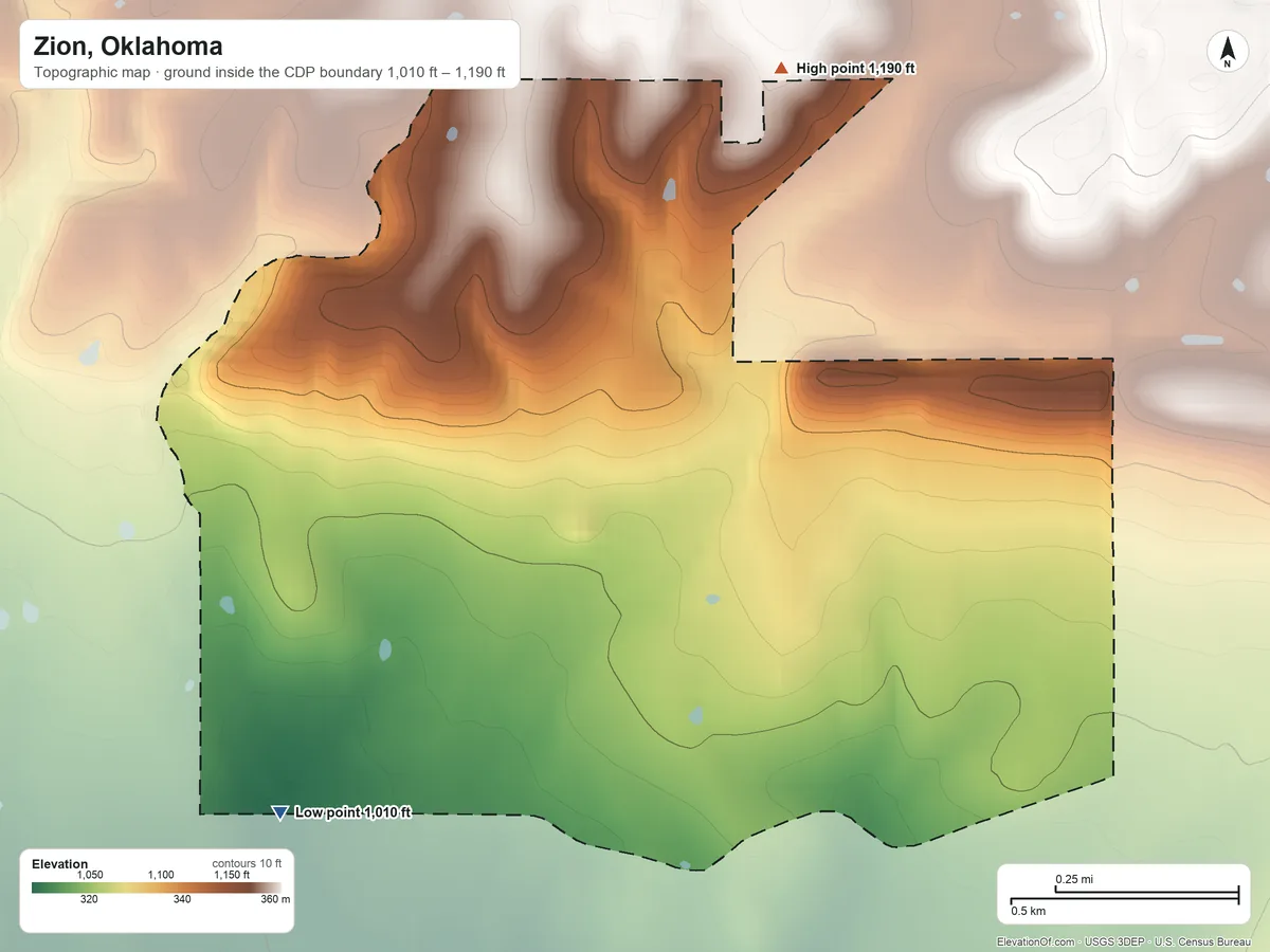 Topographic elevation map of Zion, Oklahoma, shaded from 1,010 ft on the west side to 1,190 ft at the foot of the Brushy Mountains