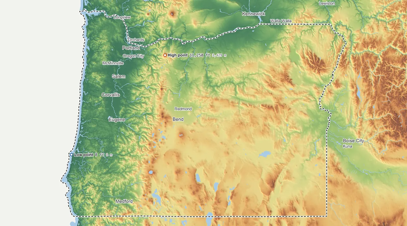 Topographic elevation map of Oregon, shaded from sea level on the Pacific Ocean to 11,250 ft on Mount Hood