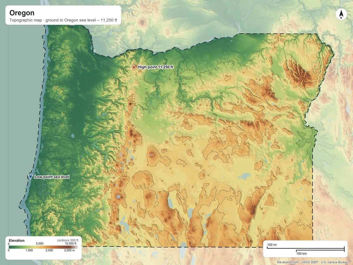 Topographic elevation map of Oregon, shaded from sea level on the Pacific Ocean to 11,250 ft on Mount Hood