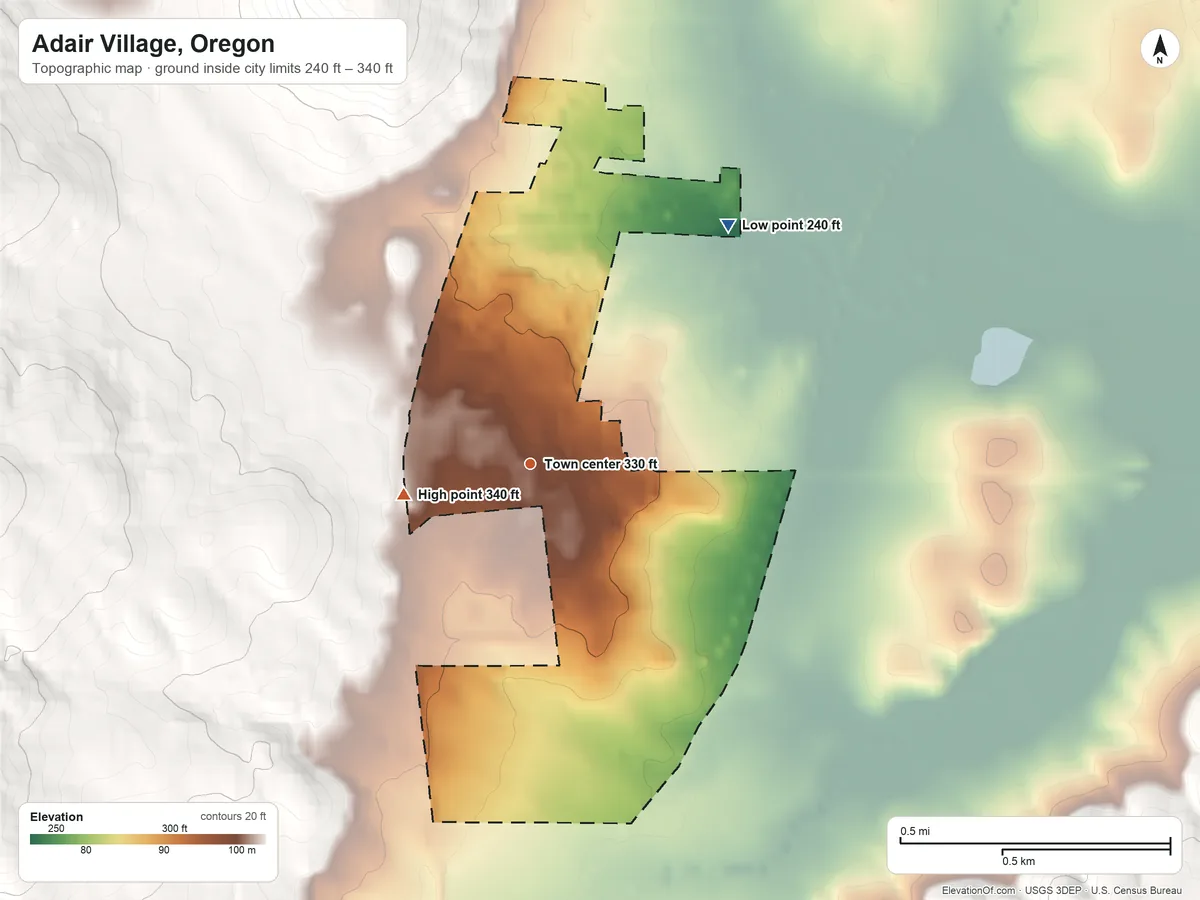 Topographic elevation map of Adair Village, Oregon, shaded from 240 ft on the northeast side to 340 ft at the foot of the Cardwell Hills