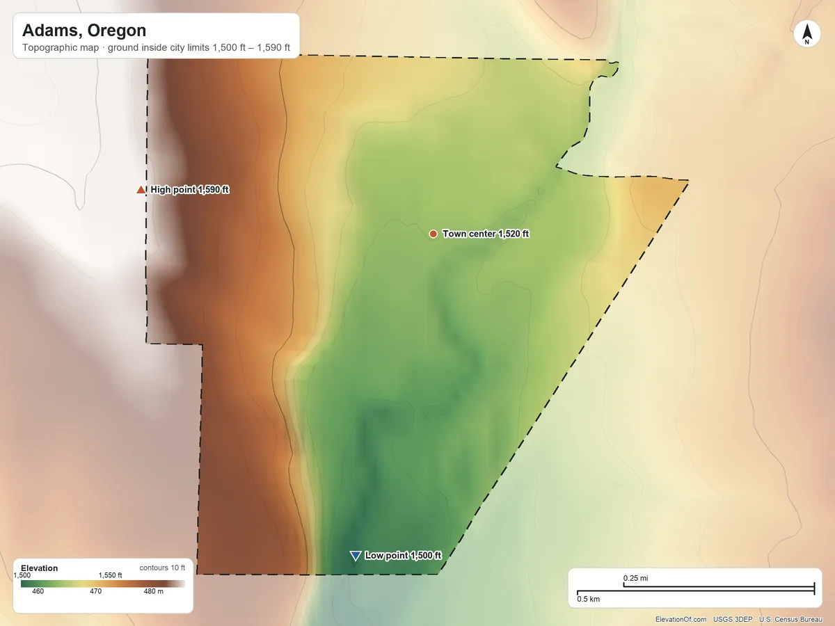 Topographic elevation map of Adams, Oregon, shaded from 1,500 ft on the south side to 1,590 ft on the west side