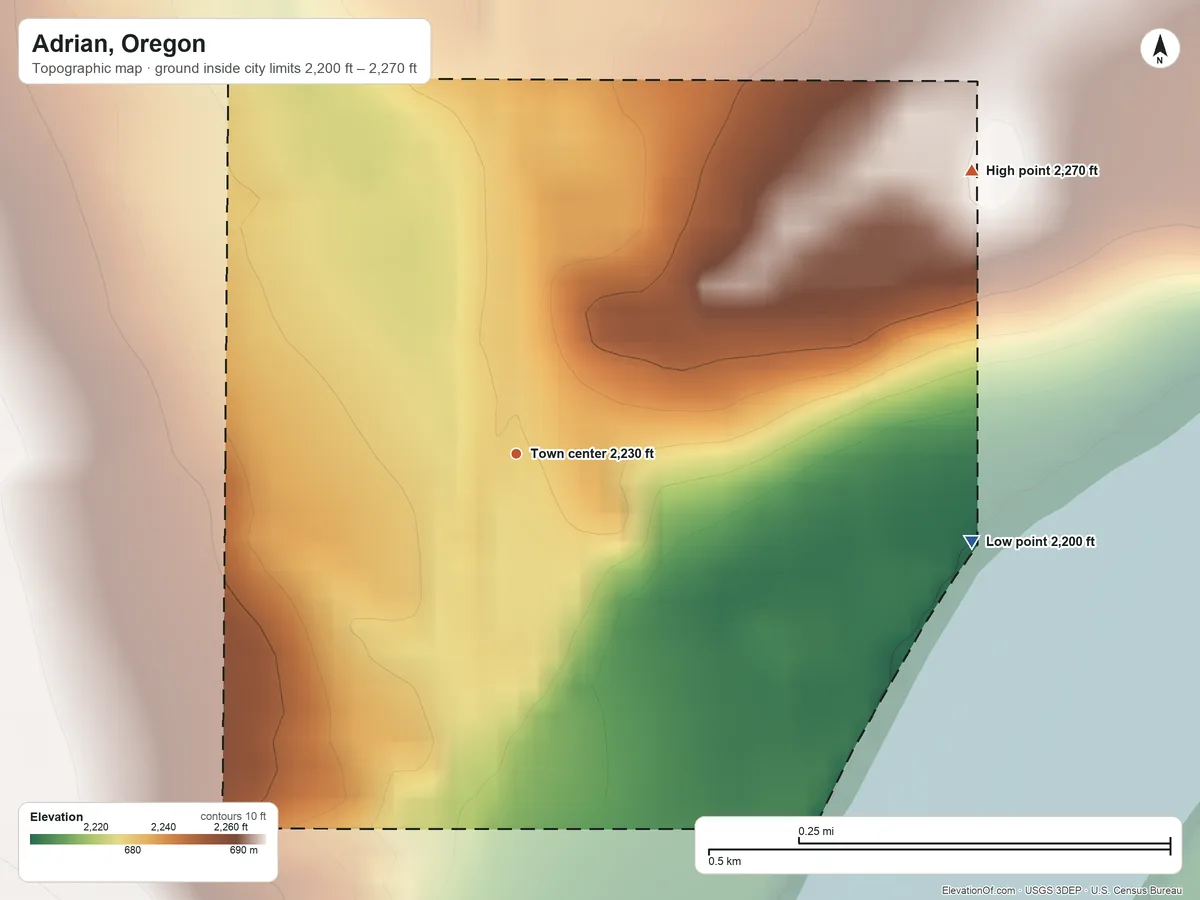 Topographic elevation map of Adrian, Oregon, shaded from 2,200 ft on the east side to 2,270 ft on the northeast edge, below higher ground just outside