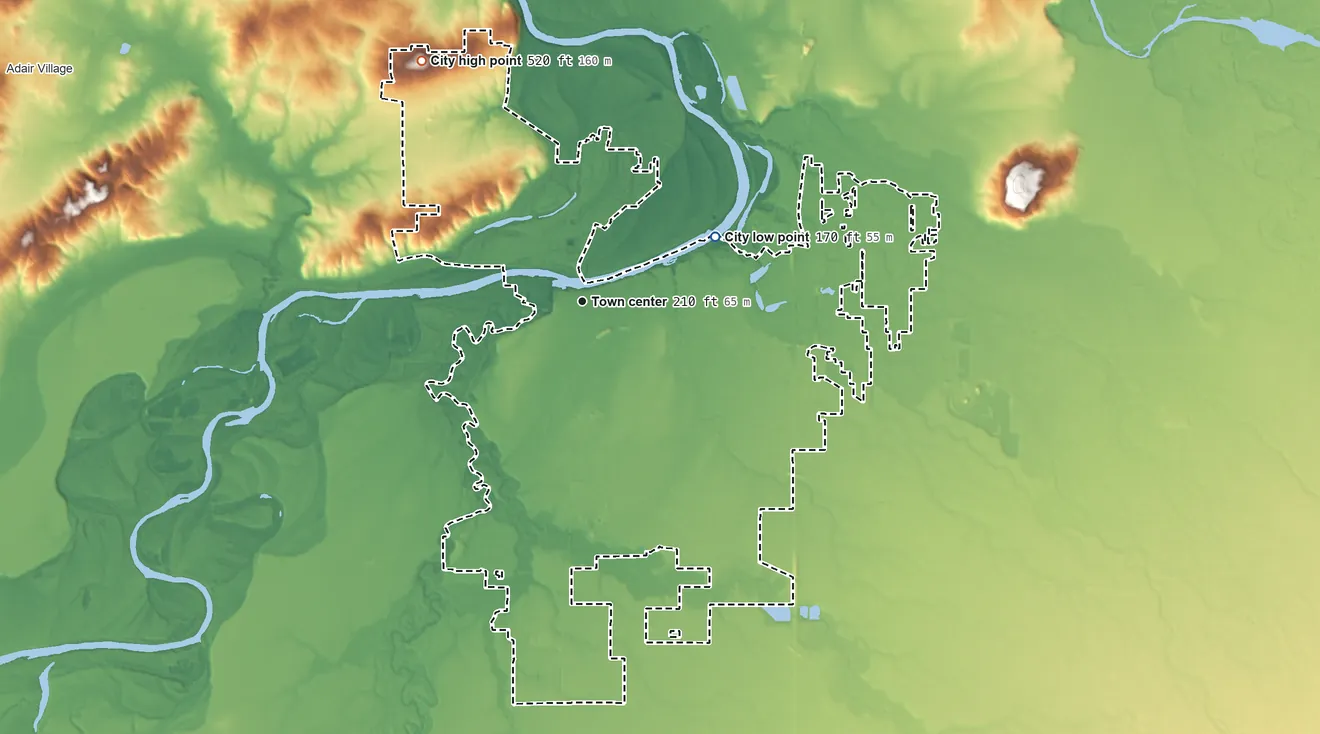 Topographic elevation map of Albany, Oregon, shaded from 170 ft on the northeast side to 520 ft on Spring Hill