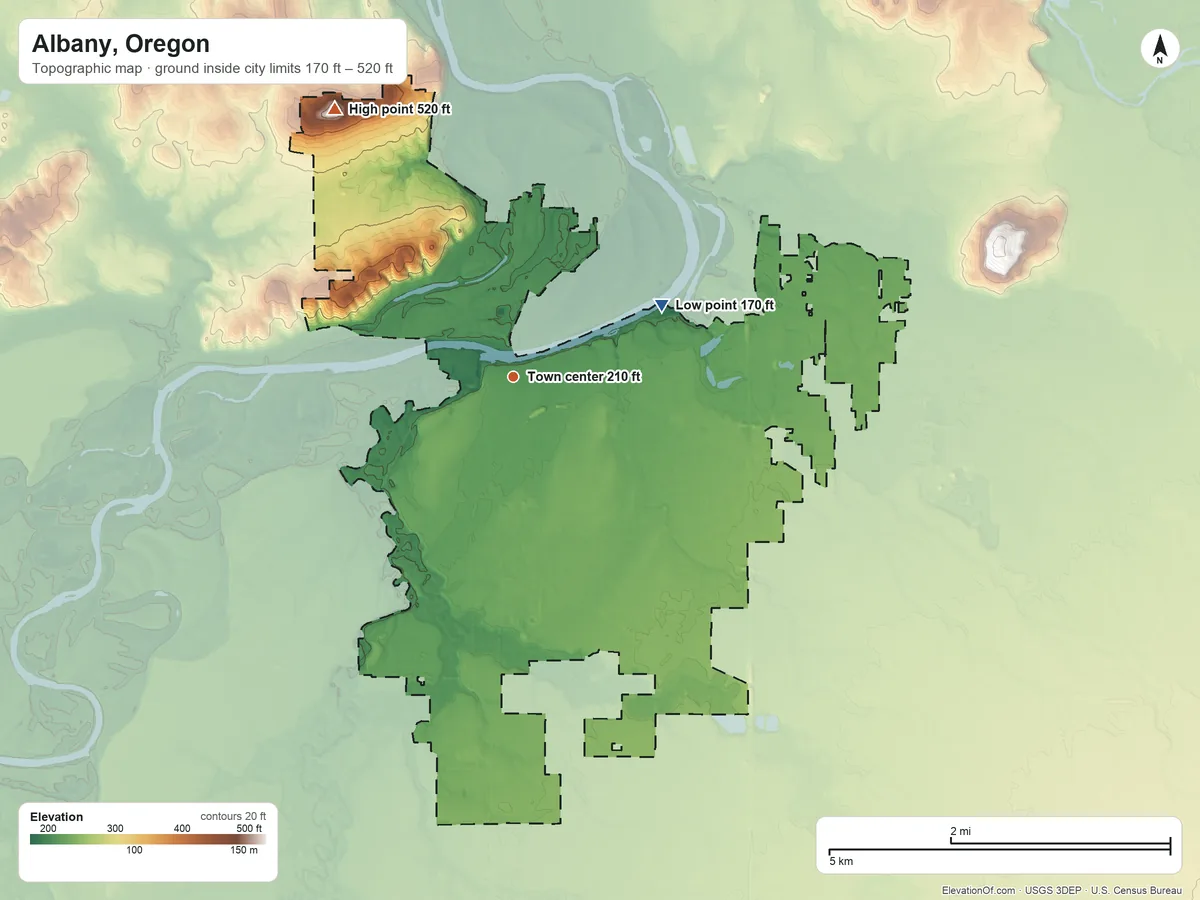 Topographic elevation map of Albany, Oregon, shaded from 170 ft on the northeast side to 520 ft on Spring Hill