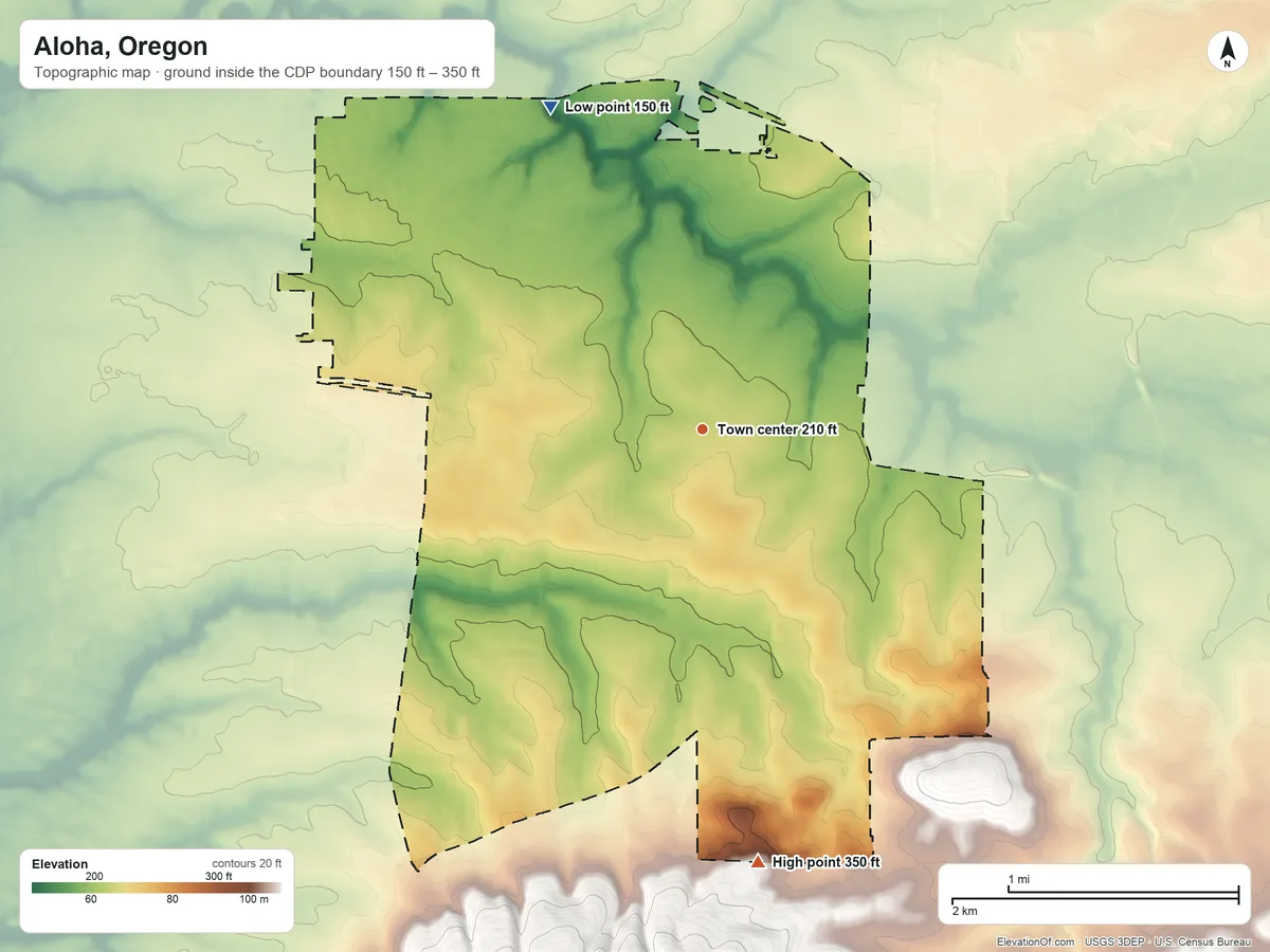 Topographic elevation map of Aloha, Oregon, shaded from 150 ft on the northwest side to 350 ft at the foot of the Chehalem Mountains