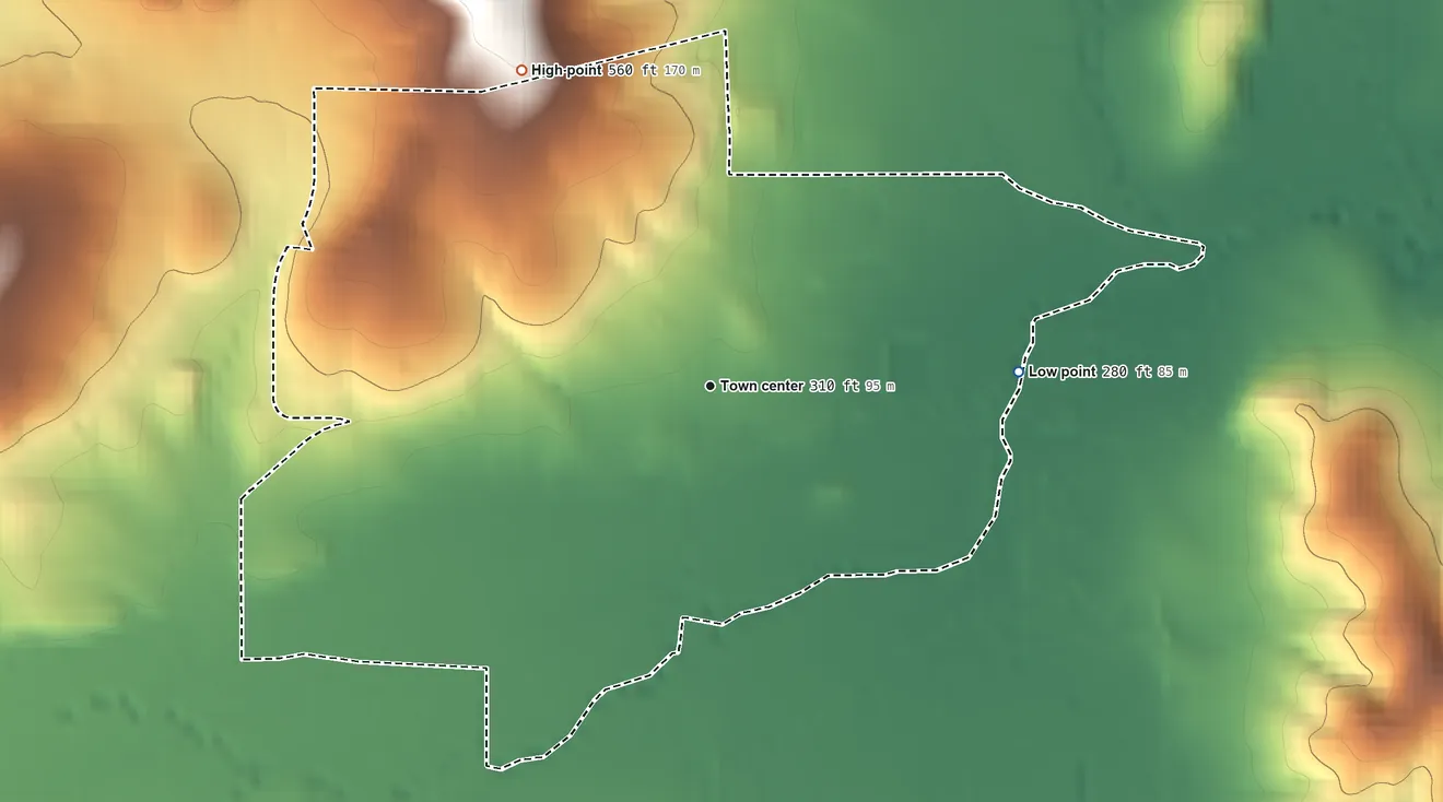 Topographic elevation map of Alpine, Oregon, shaded from 280 ft on the east side to 560 ft on the northwest edge, below higher ground just outside