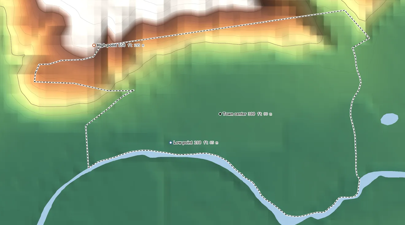 Topographic elevation map of Alsea, Oregon, shaded from 280 ft on the southwest side to 650 ft on the northwest edge, below higher ground just outside