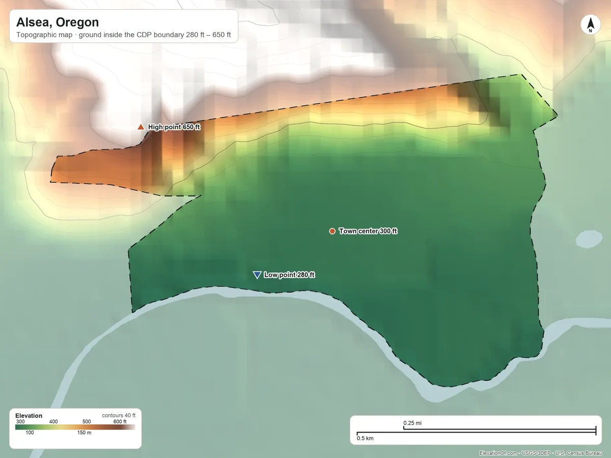 Topographic elevation map of Alsea, Oregon, shaded from 280 ft on the southwest side to 650 ft on the northwest edge, below higher ground just outside