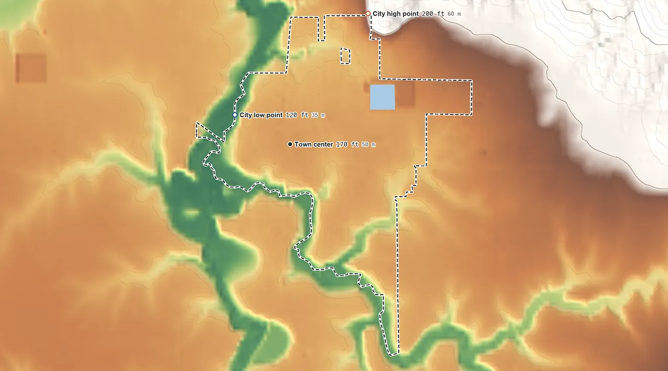 Topographic elevation map of Amity, Oregon, shaded from 120 ft on the northwest side to 200 ft at the foot of the Amity Hills