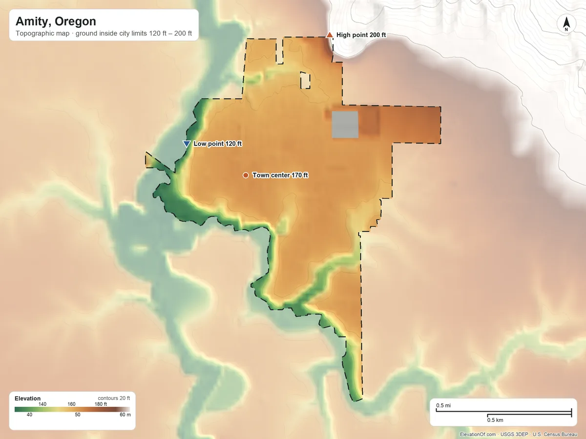 Topographic elevation map of Amity, Oregon, shaded from 120 ft on the northwest side to 200 ft at the foot of the Amity Hills
