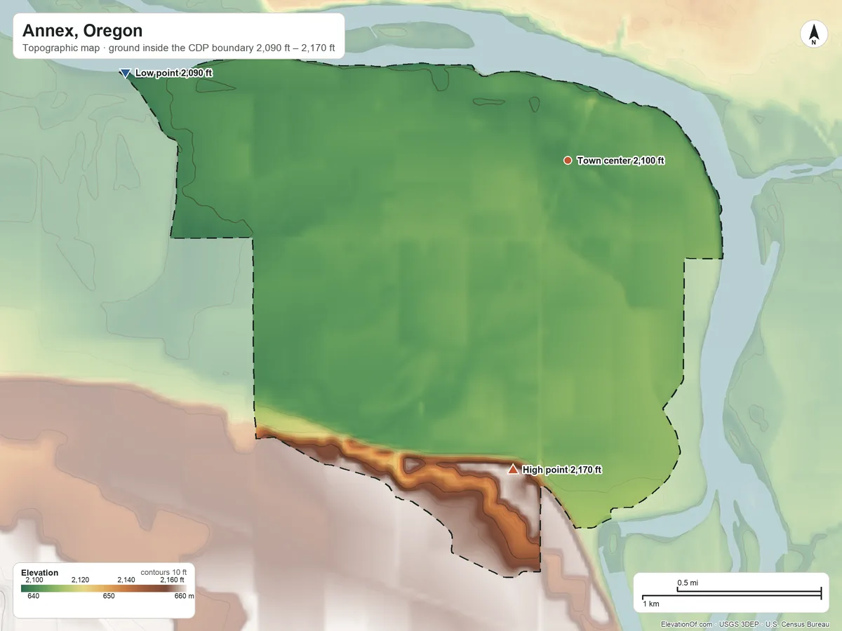 Topographic elevation map of Annex, Oregon, shaded from 2,090 ft on the west side to 2,170 ft on the south side