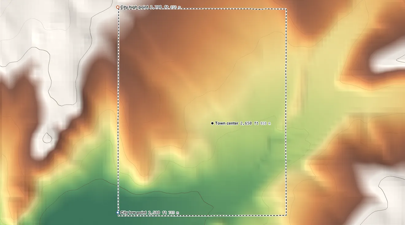 Topographic elevation map of Antelope, Oregon, shaded from 2,580 ft on the southwest side to 2,790 ft on the northwest edge, below higher ground just outside