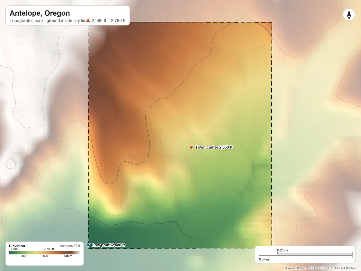 Topographic elevation map of Antelope, Oregon, shaded from 2,580 ft on the southwest side to 2,790 ft on the northwest edge, below higher ground just outside
