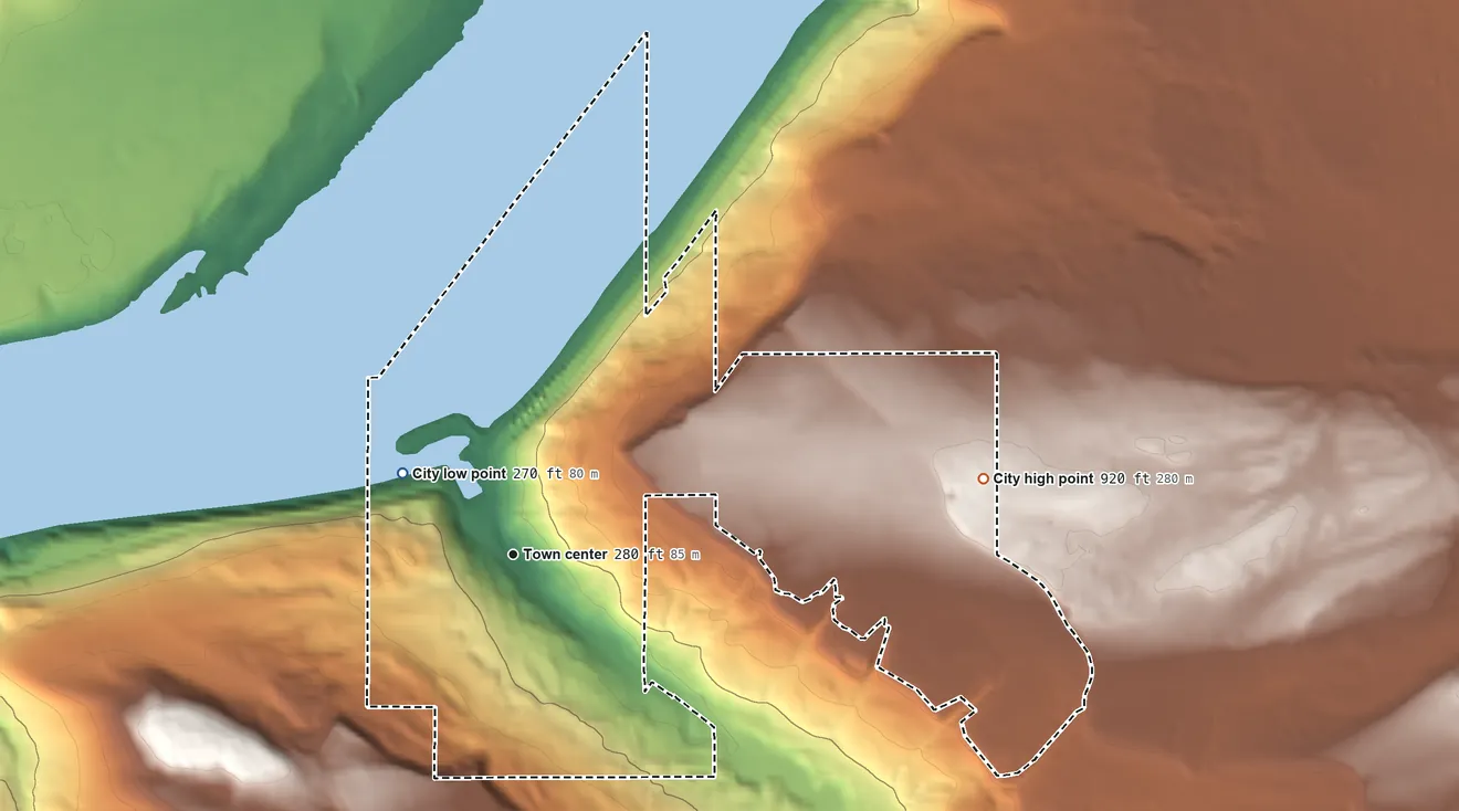 Topographic elevation map of Arlington, Oregon, shaded from 270 ft on the northwest side to 920 ft on the east side