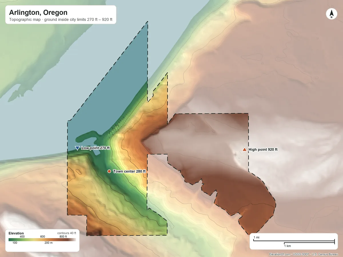 Topographic elevation map of Arlington, Oregon, shaded from 270 ft on the northwest side to 920 ft on the east side
