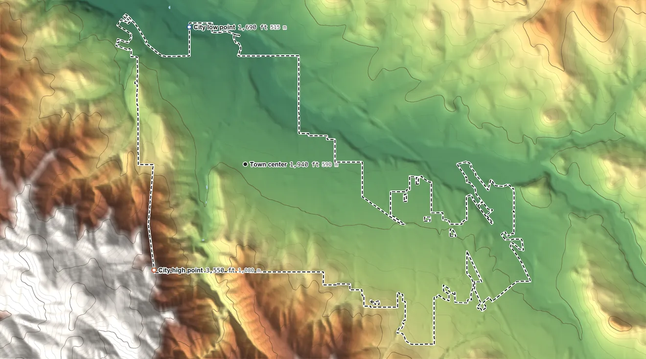 Topographic elevation map of Ashland, Oregon, shaded from 1,690 ft on the north side to 3,550 ft on the southwest edge, below higher ground just outside
