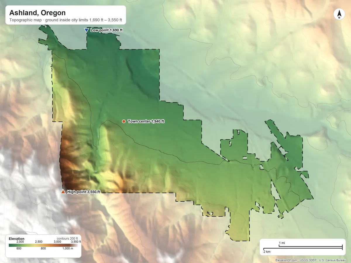 Topographic elevation map of Ashland, Oregon, shaded from 1,690 ft on the north side to 3,550 ft on the southwest edge, below higher ground just outside