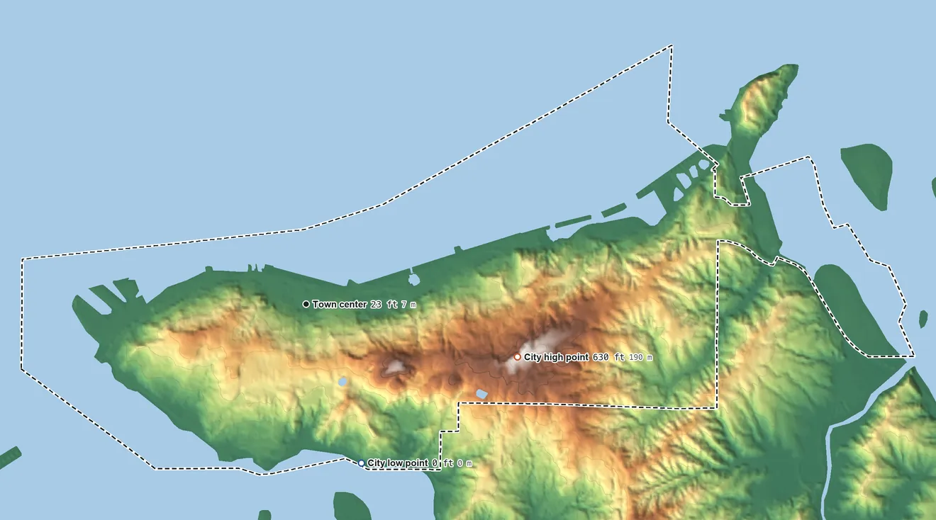 Topographic elevation map of Astoria, Oregon, shaded from sea level level on Youngs Bay to 630 ft on the east side