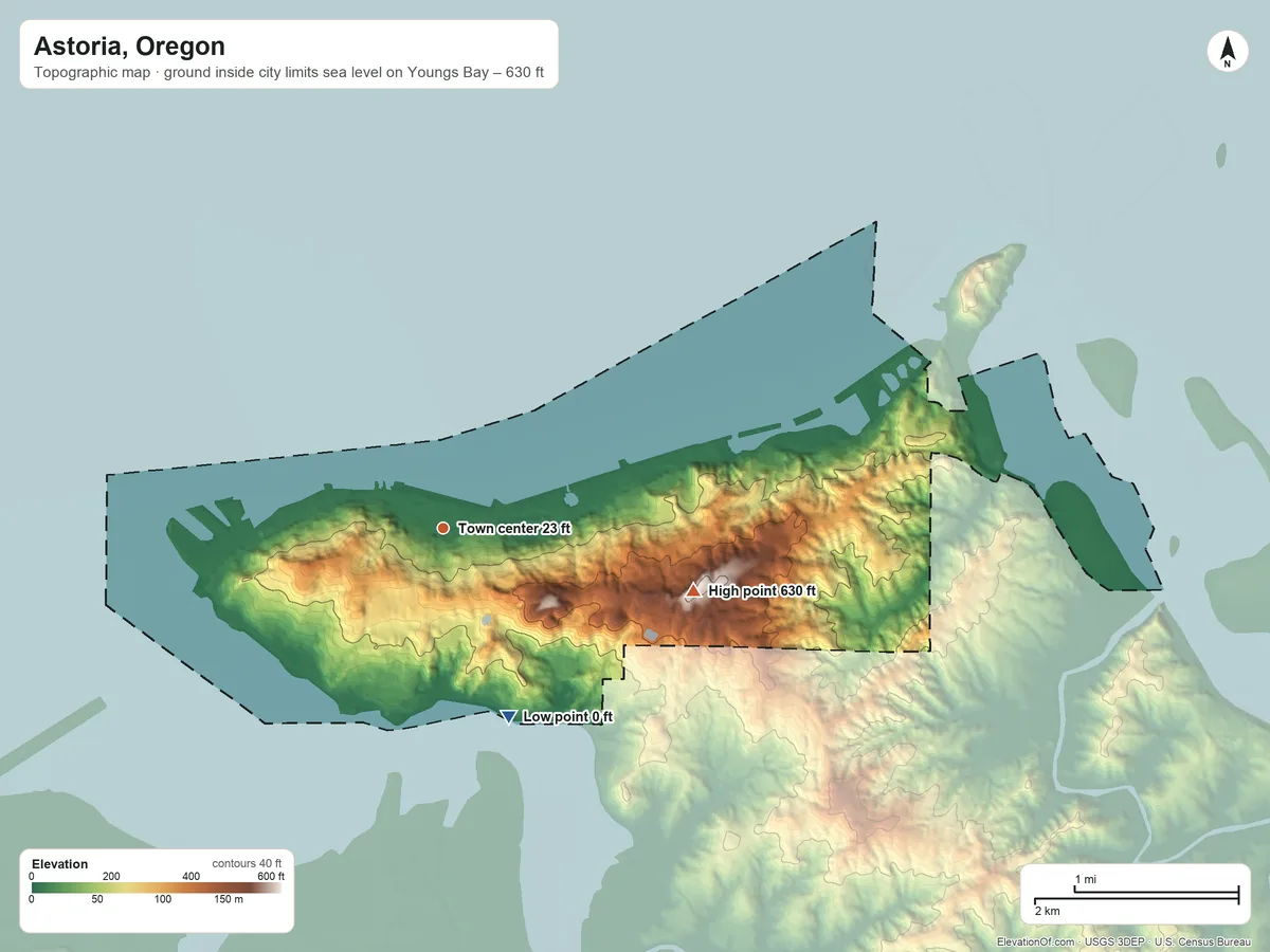 Topographic elevation map of Astoria, Oregon, shaded from sea level level on Youngs Bay to 630 ft on the east side