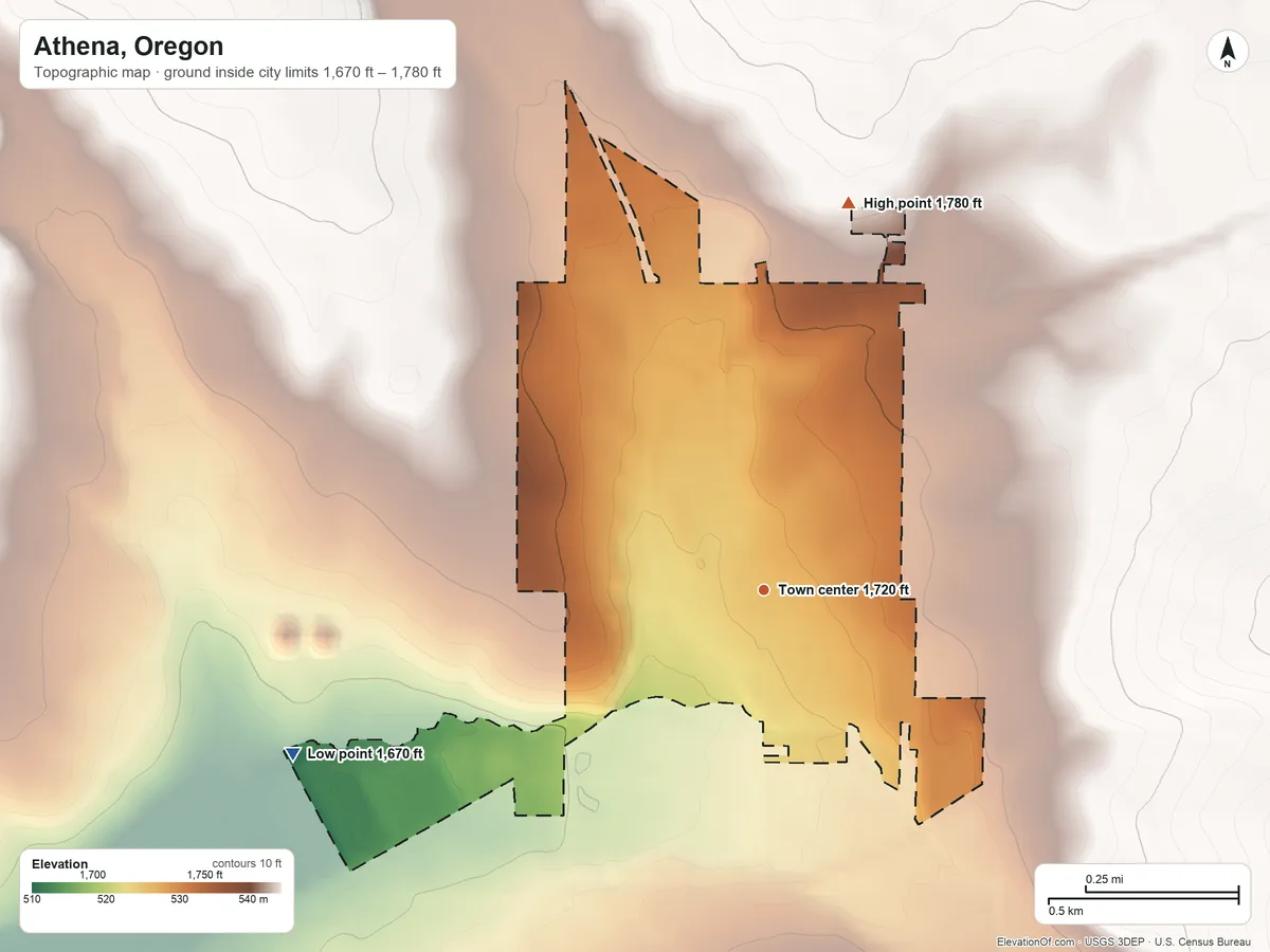 Topographic elevation map of Athena, Oregon, shaded from 1,670 ft on the west side to 1,780 ft on the north side