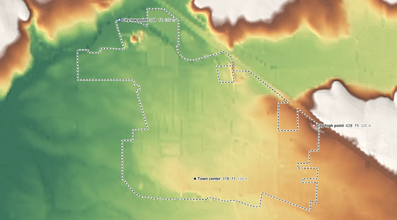 Topographic elevation map of Aumsville, Oregon, shaded from 340 ft on the northwest side to 420 ft on the northeast side