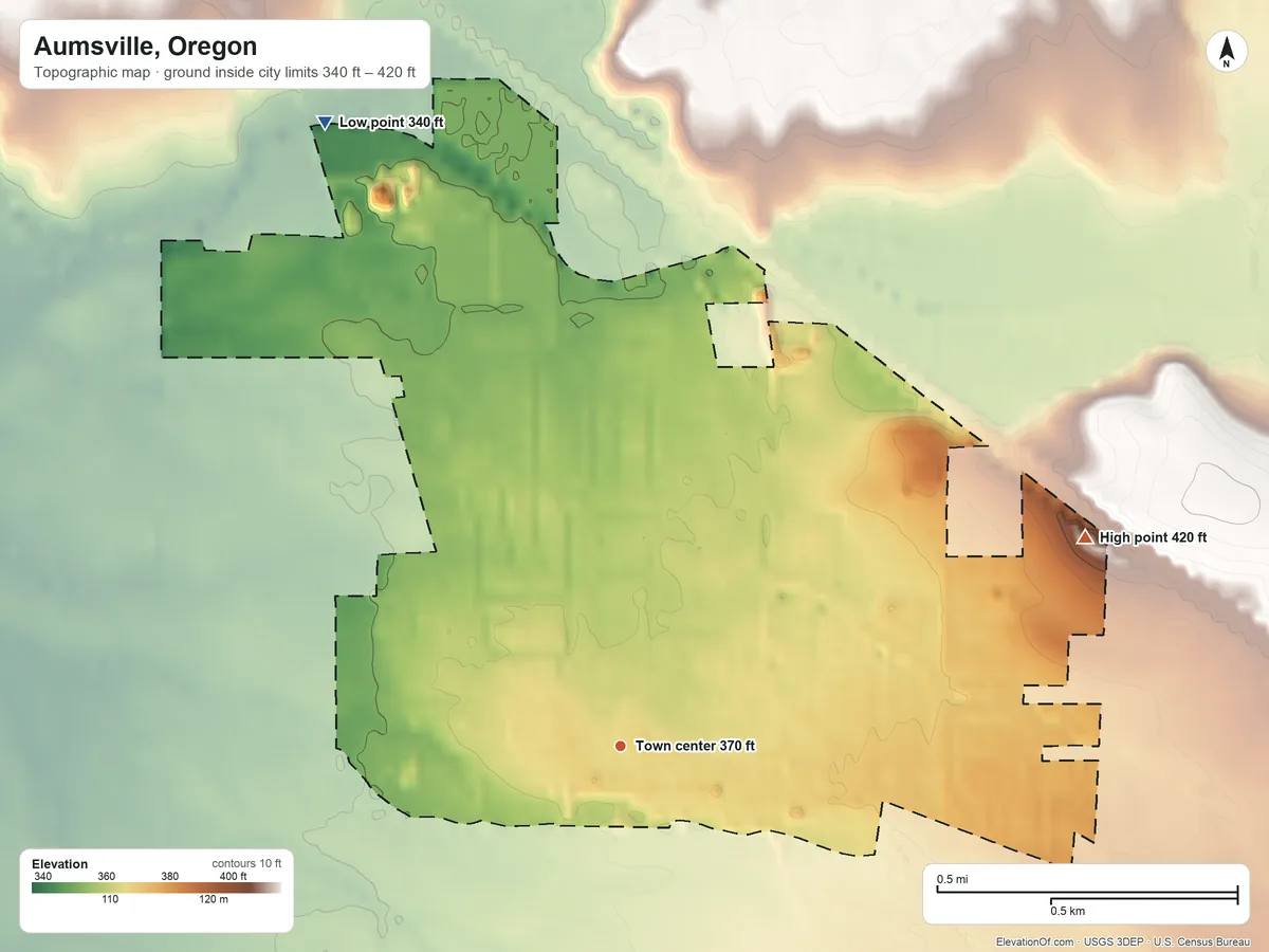 Topographic elevation map of Aumsville, Oregon, shaded from 340 ft on the northwest side to 420 ft on the northeast side