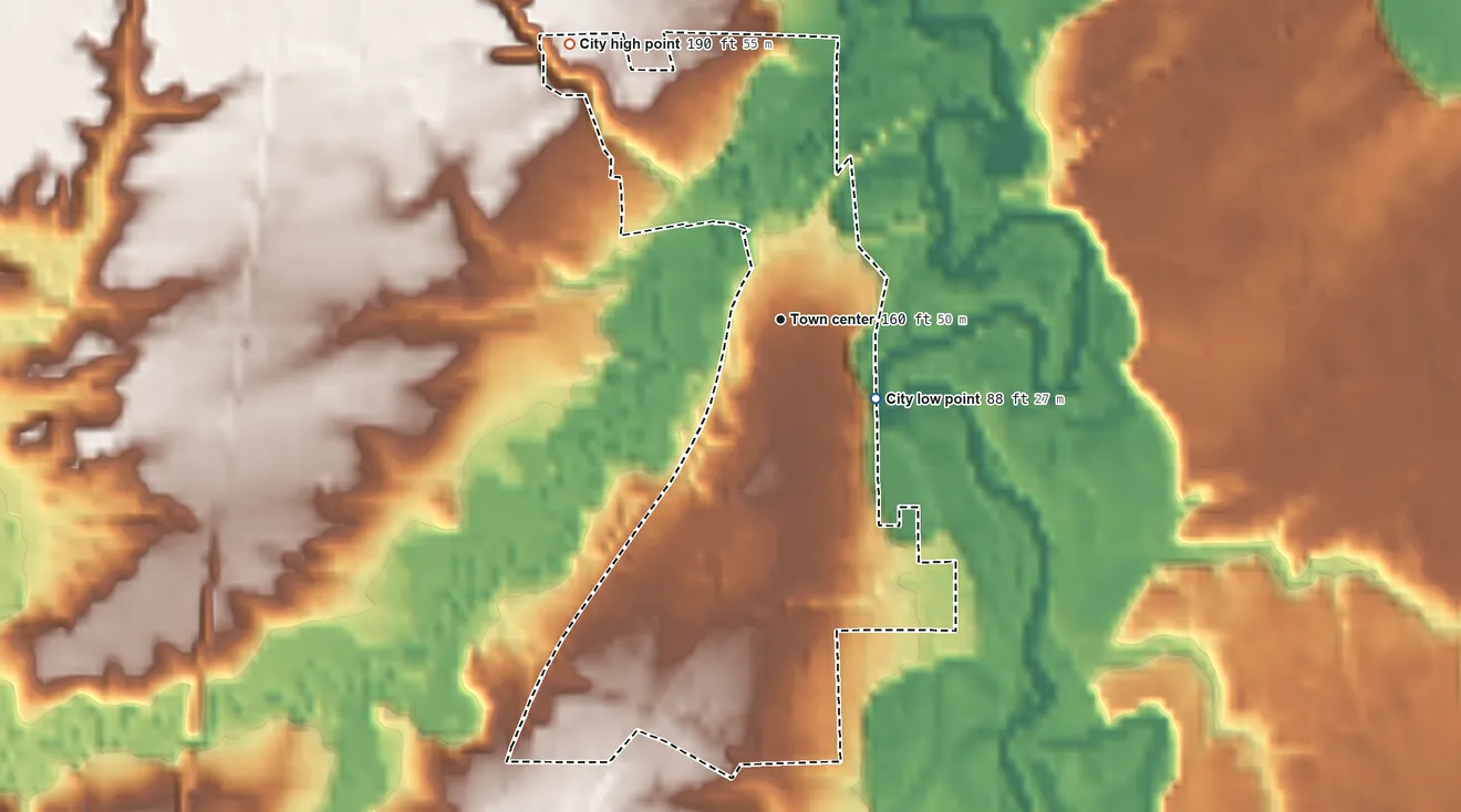 Topographic elevation map of Aurora, Oregon, shaded from 88 ft on the southeast side to 190 ft on the northwest side