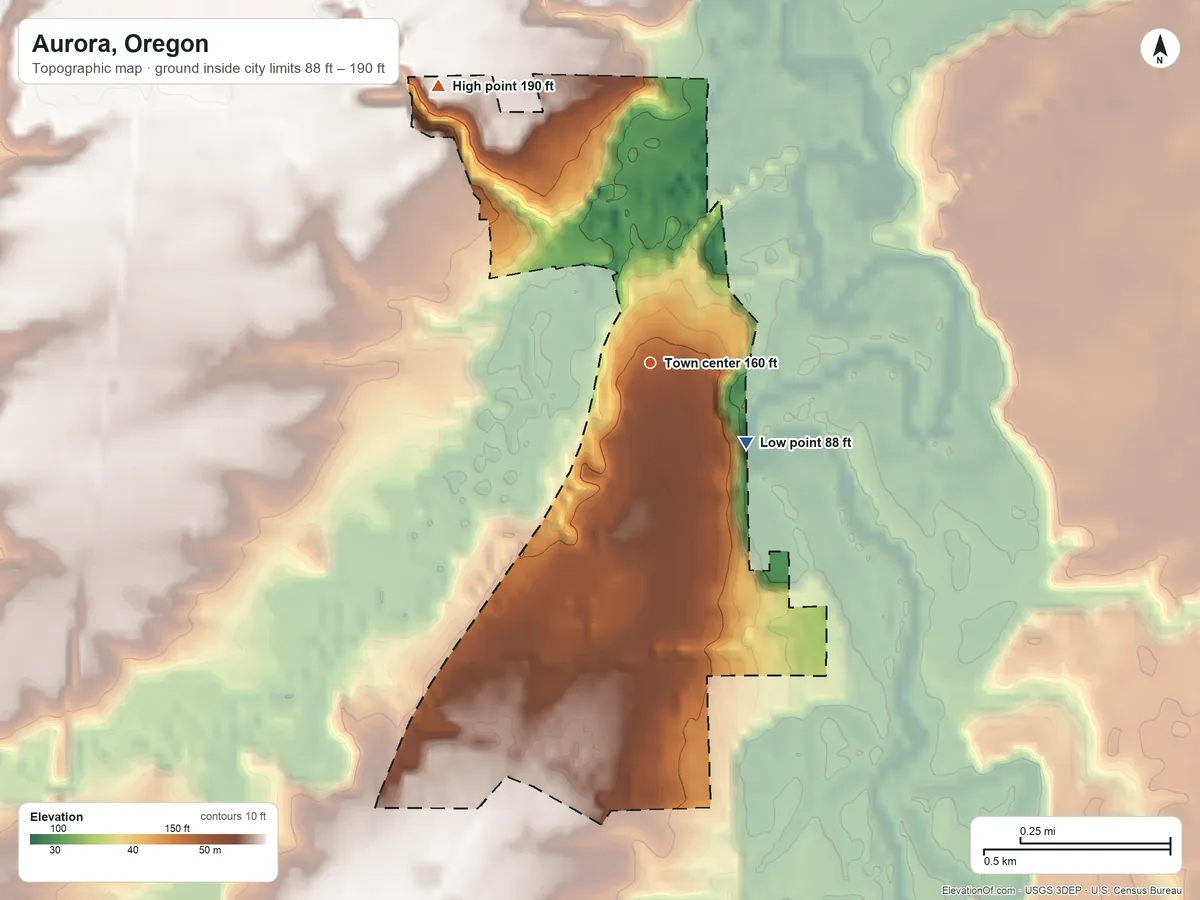 Topographic elevation map of Aurora, Oregon, shaded from 88 ft on the southeast side to 190 ft on the northwest side