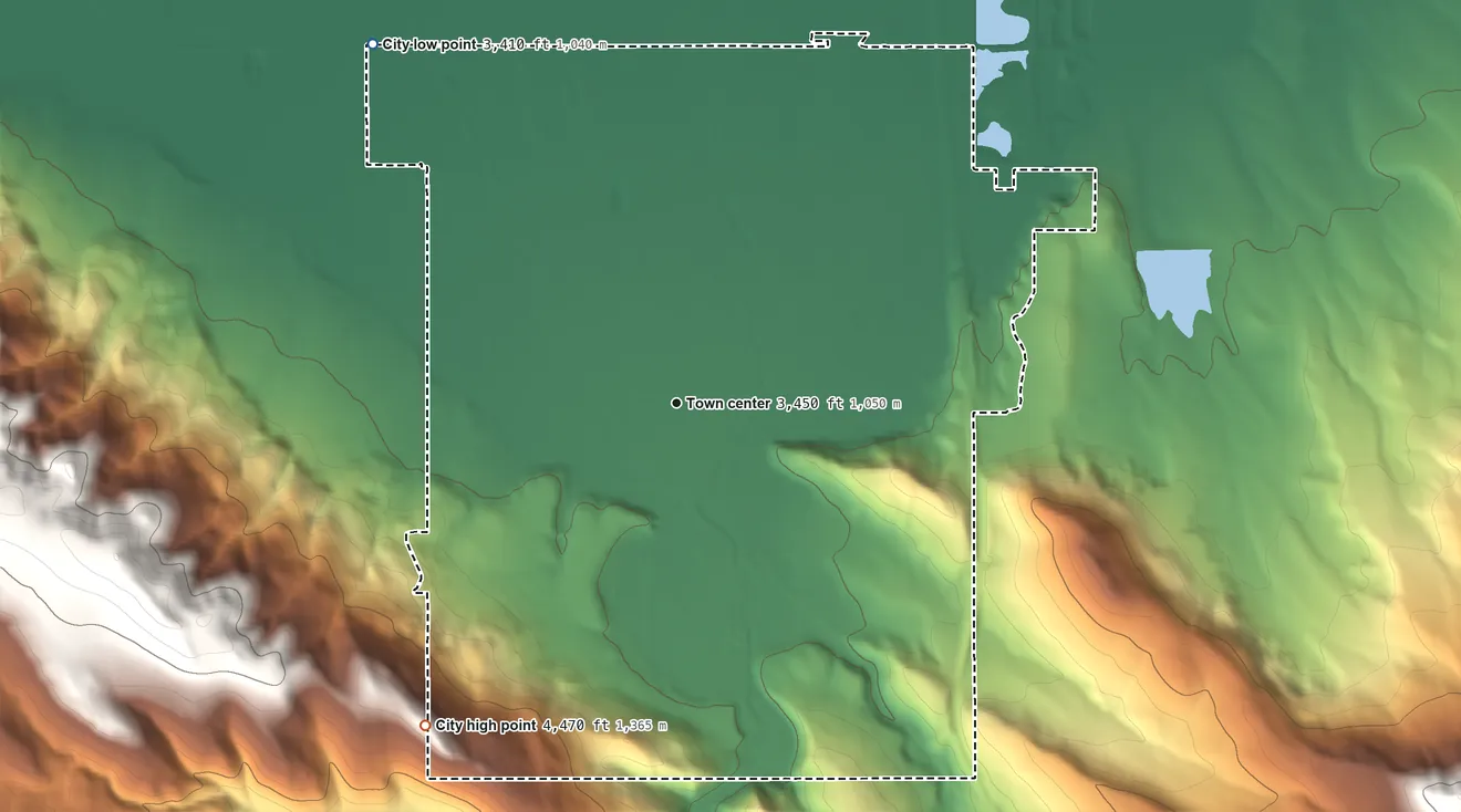 Topographic elevation map of Baker City, Oregon, shaded from 3,410 ft on the northwest side to 4,470 ft at the foot of the Virtue Hills
