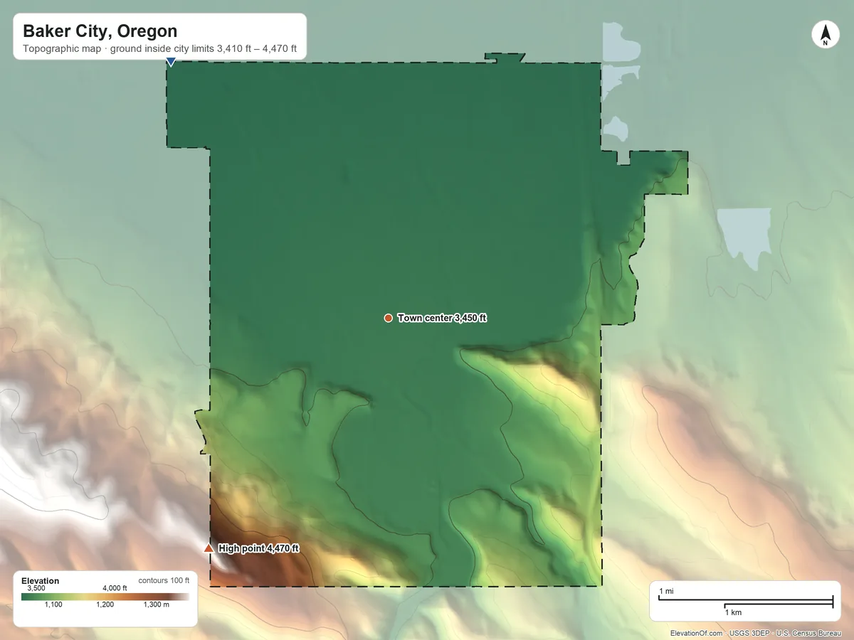 Topographic elevation map of Baker City, Oregon, shaded from 3,410 ft on the northwest side to 4,470 ft at the foot of the Virtue Hills