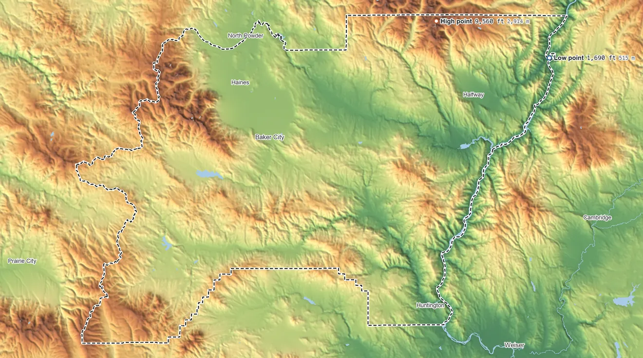 Topographic elevation map of Baker County, Oregon, shaded from 1,690 ft on the northeast side to 9,560 ft on Red Mountain