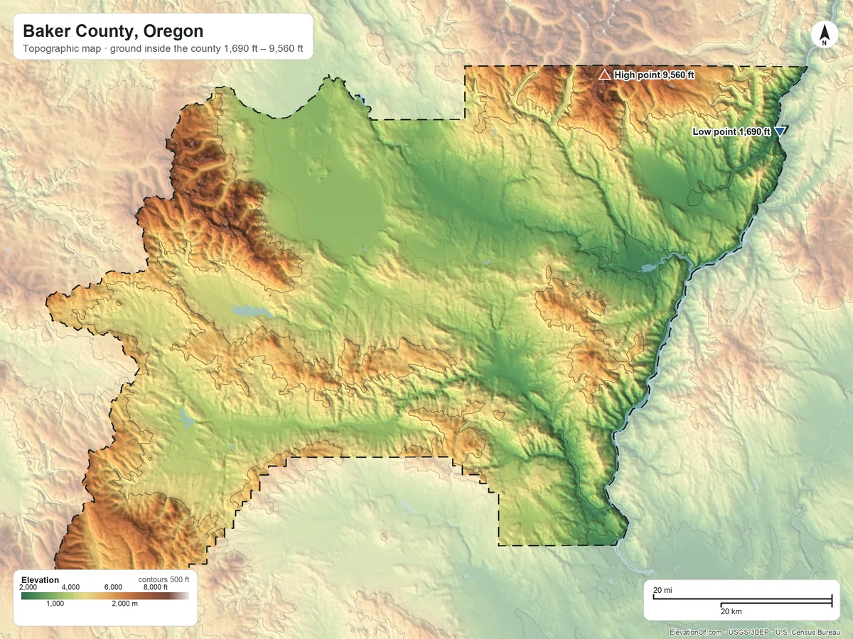 Topographic elevation map of Baker County, Oregon, shaded from 1,690 ft on the northeast side to 9,560 ft on Red Mountain