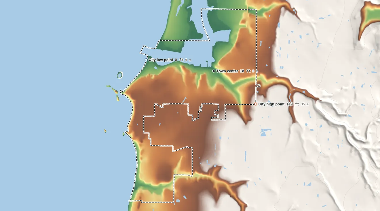 Topographic elevation map of Bandon, Oregon, shaded from sea level level on the Pacific Ocean to 110 ft on the southeast side