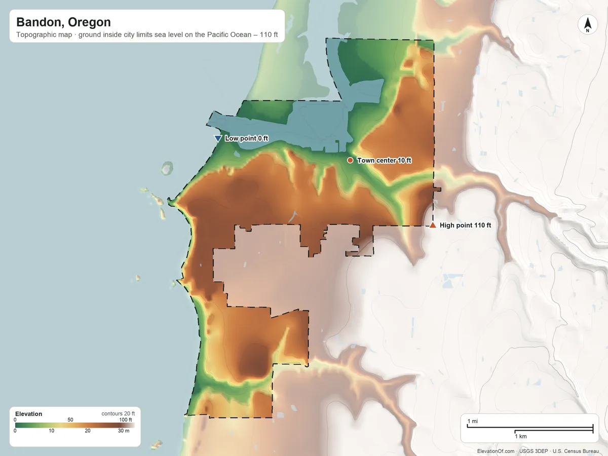 Topographic elevation map of Bandon, Oregon, shaded from sea level level on the Pacific Ocean to 110 ft on the southeast side