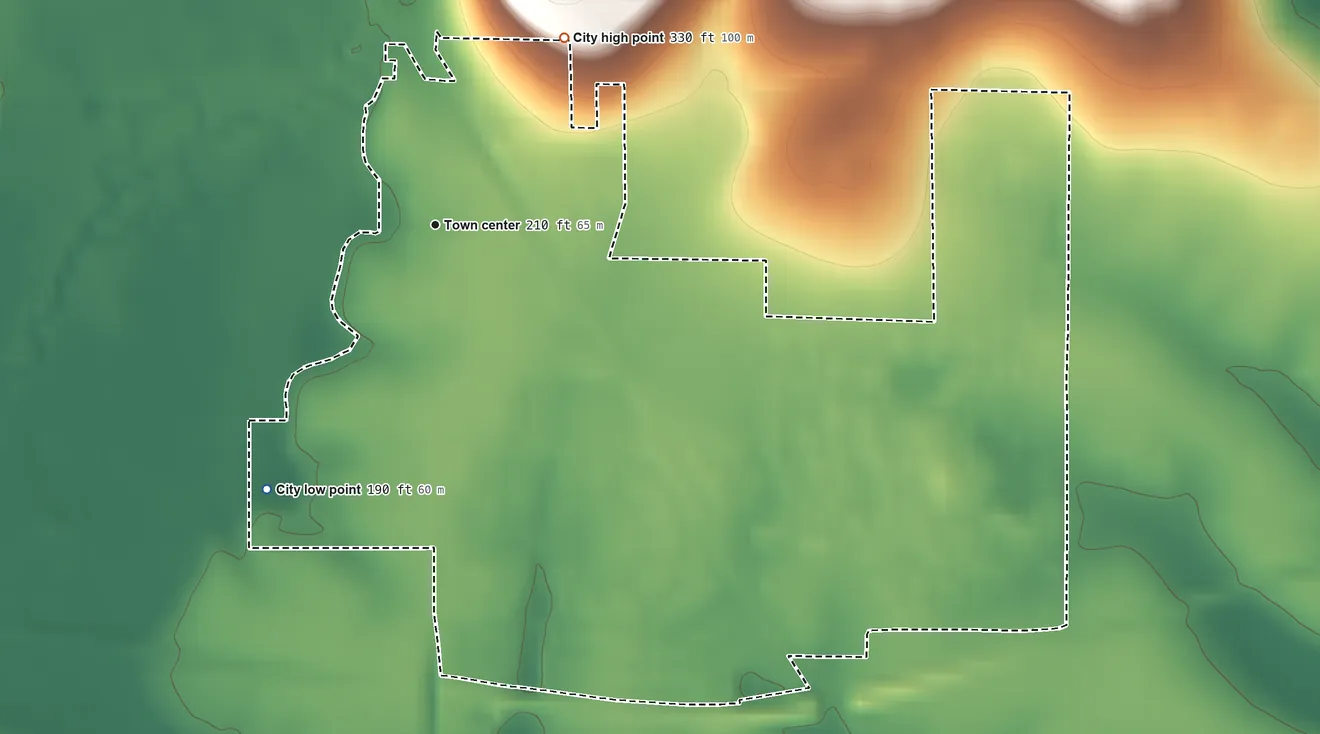 Topographic elevation map of Banks, Oregon, shaded from 190 ft on the southwest side to 330 ft at the foot of the Tualatin Mountains
