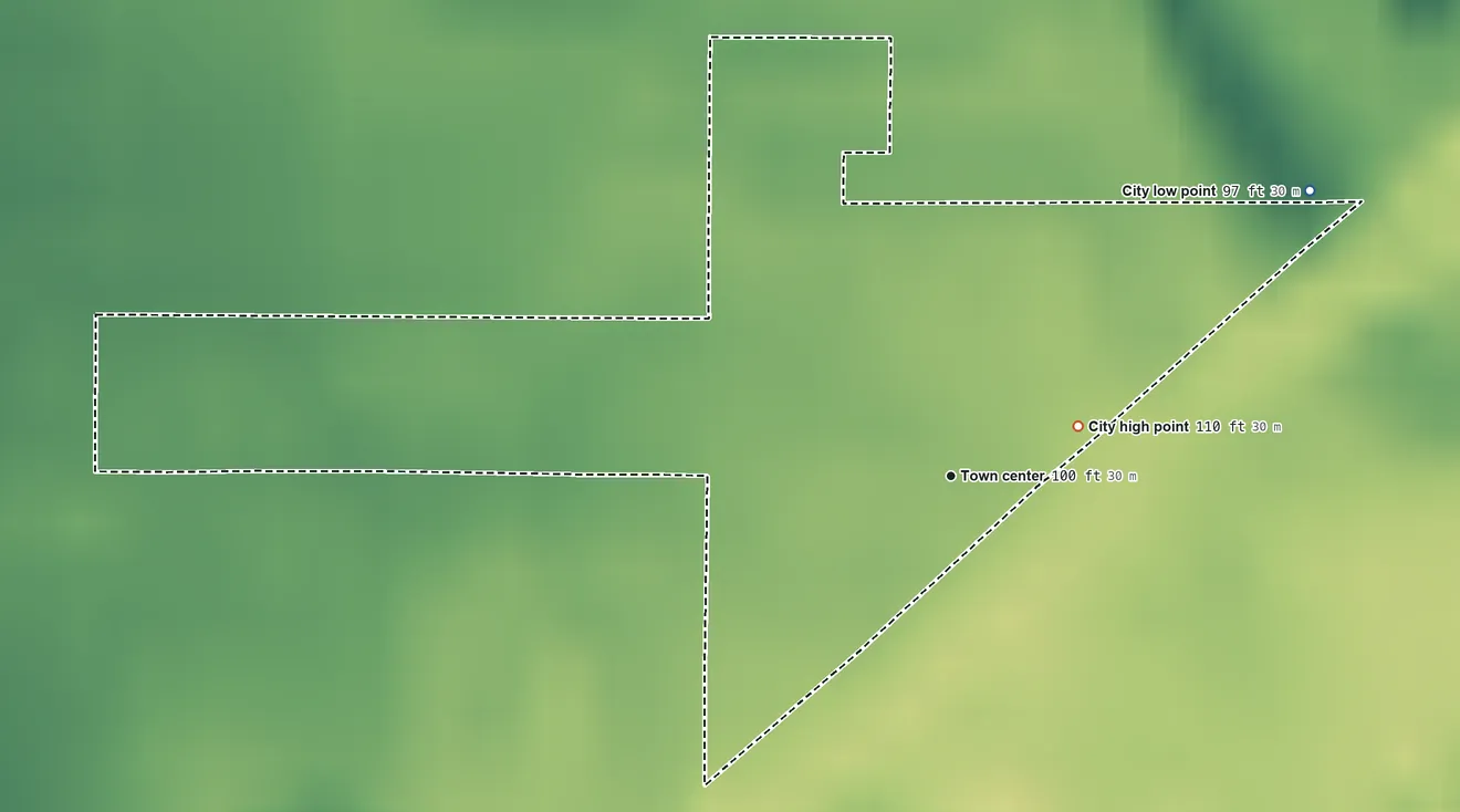 Topographic elevation map of Barlow, Oregon, shaded from 97 ft on the northeast side to 110 ft near the middle