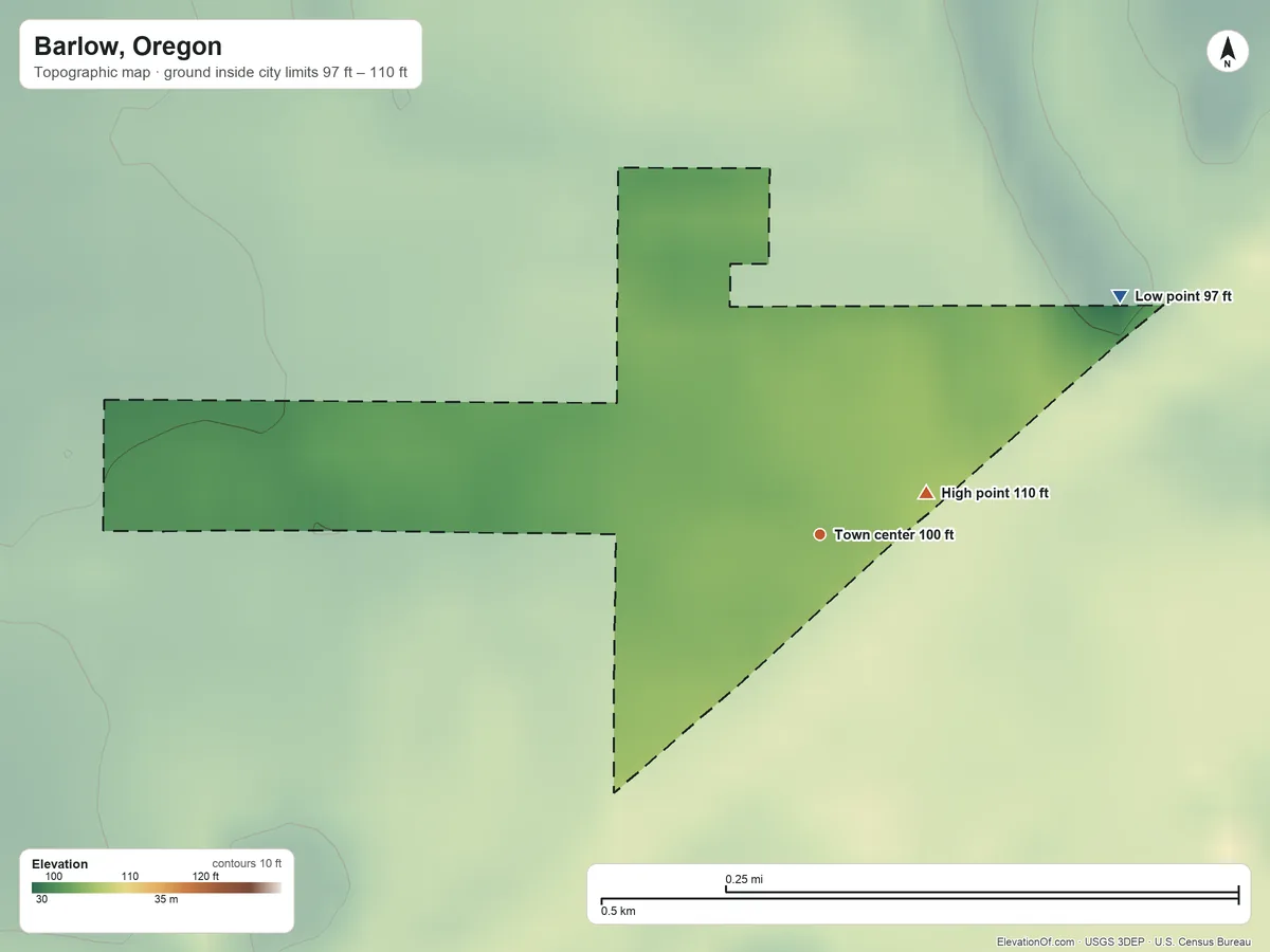 Topographic elevation map of Barlow, Oregon, shaded from 97 ft on the northeast side to 110 ft near the middle