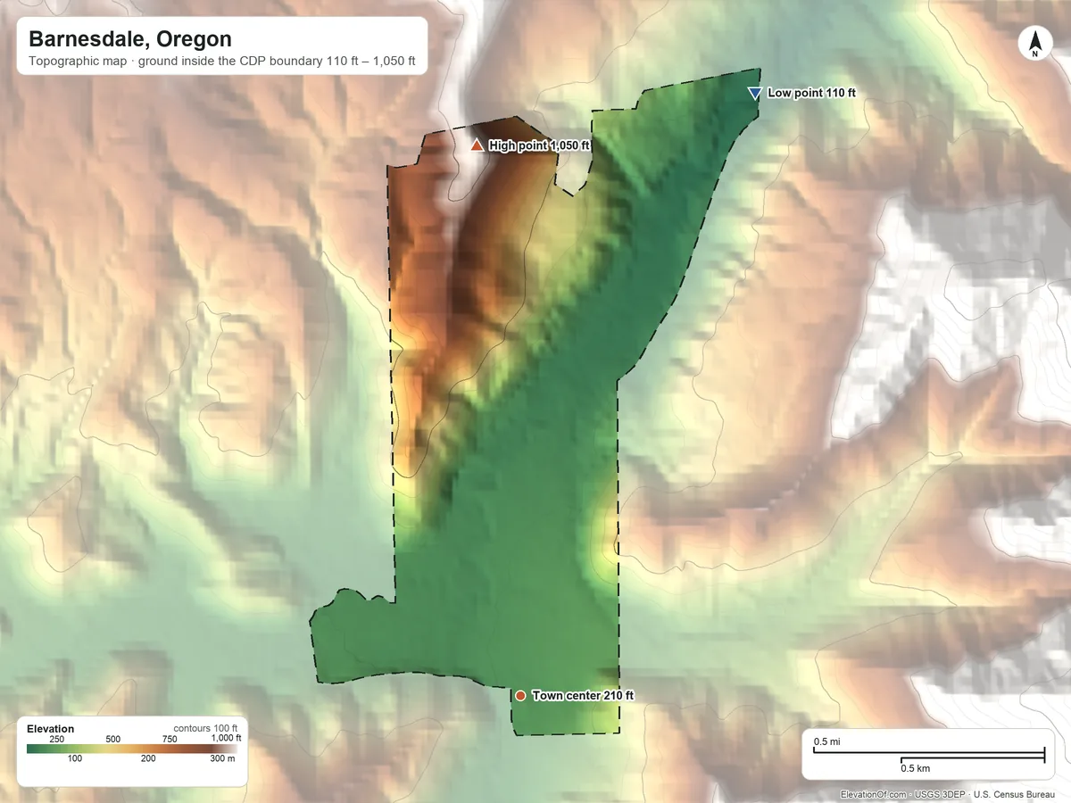 Topographic elevation map of Barnesdale, Oregon, shaded from 110 ft on the north side to 1,050 ft on the north edge, below higher ground just outside