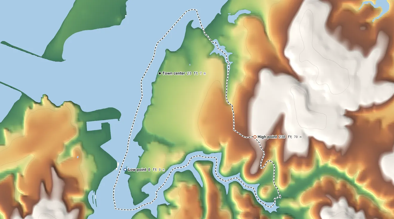 Topographic elevation map of Barview, Oregon, shaded from sea level level on South Slough to 230 ft on the southeast side