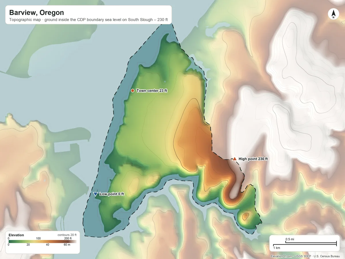 Topographic elevation map of Barview, Oregon, shaded from sea level level on South Slough to 230 ft on the southeast side