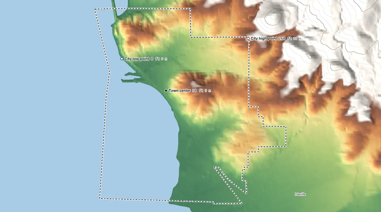 Topographic elevation map of Bay City, Oregon, shaded from sea level level on Tillamook Bay to 260 ft on the northeast edge, below higher ground just outside