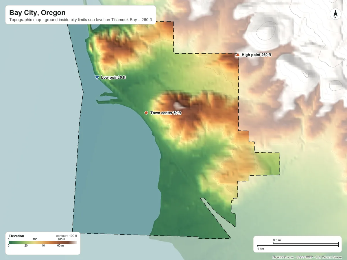 Topographic elevation map of Bay City, Oregon, shaded from sea level level on Tillamook Bay to 260 ft on the northeast edge, below higher ground just outside