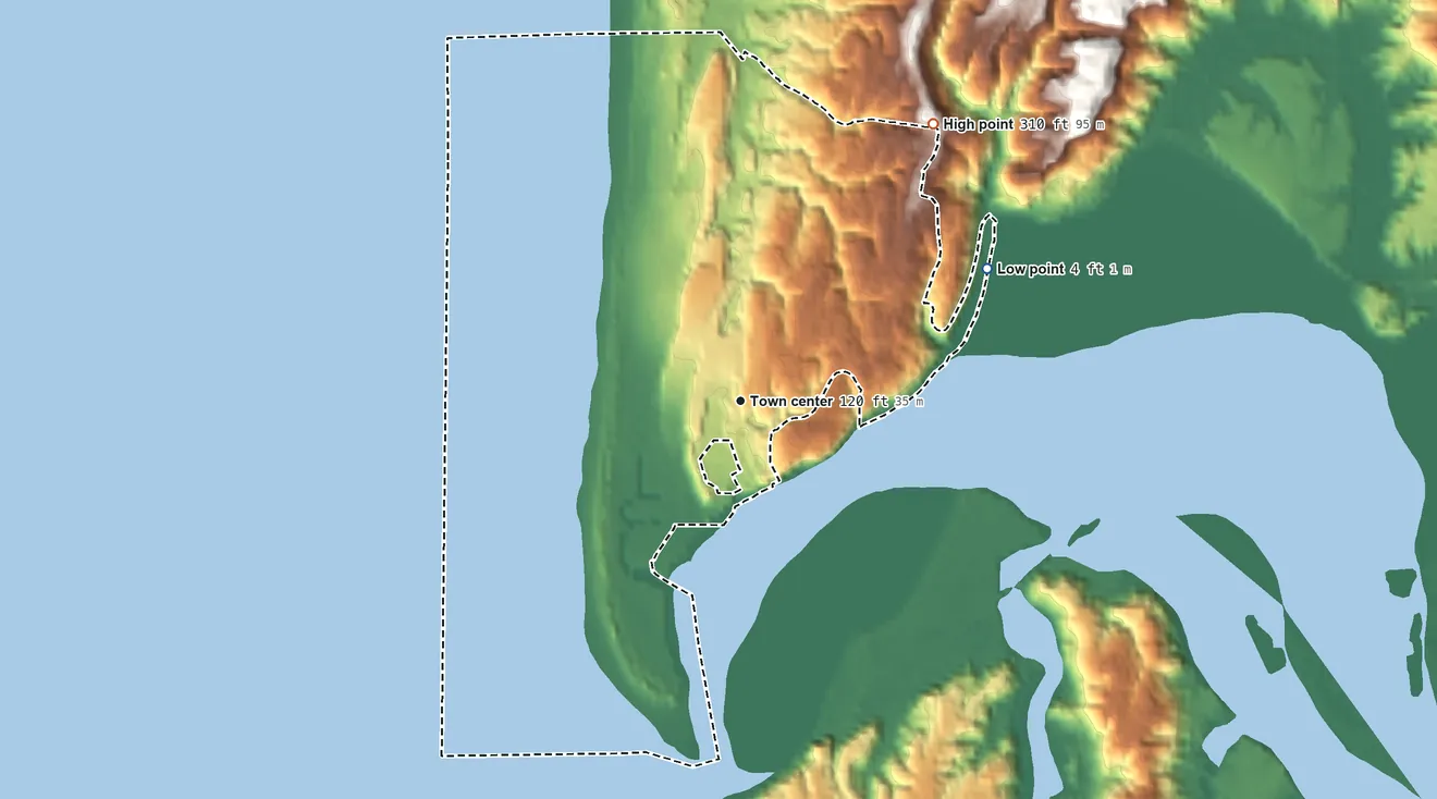 Topographic elevation map of Bayshore, Oregon, shaded from 4 ft on the northeast side to 310 ft on the northeast side