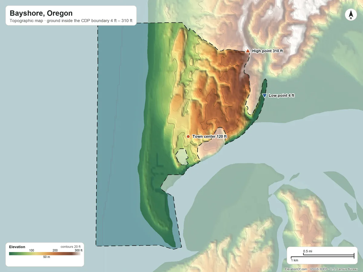 Topographic elevation map of Bayshore, Oregon, shaded from 4 ft on the northeast side to 310 ft on the northeast side