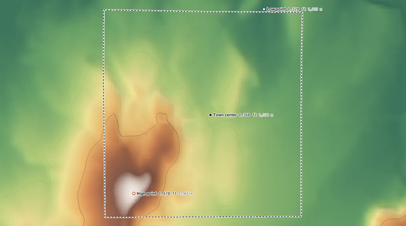 Topographic elevation map of Beatty, Oregon, shaded from 4,320 ft on the northeast side to 4,470 ft on the southwest edge, below higher ground just outside