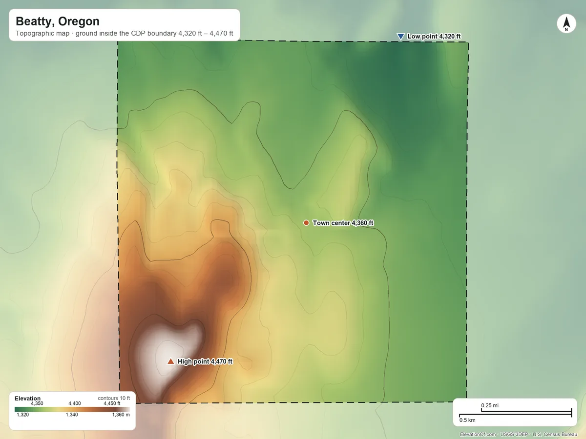 Topographic elevation map of Beatty, Oregon, shaded from 4,320 ft on the northeast side to 4,470 ft on the southwest edge, below higher ground just outside