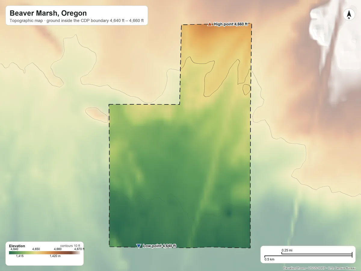 Topographic elevation map of Beaver Marsh, Oregon, shaded from 4,640 ft on the southwest side to 4,660 ft on the north side