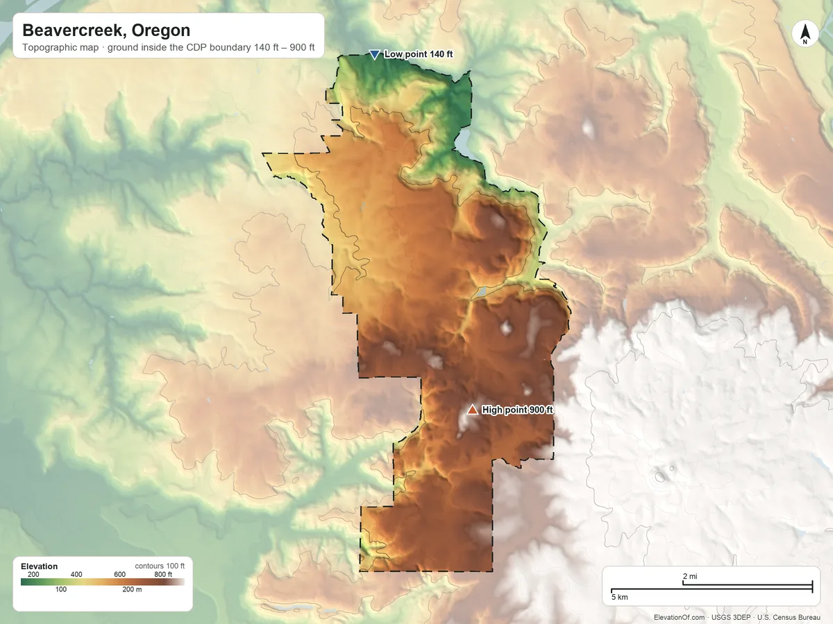 Topographic elevation map of Beavercreek, Oregon, shaded from 140 ft on the north side to 900 ft on the south side