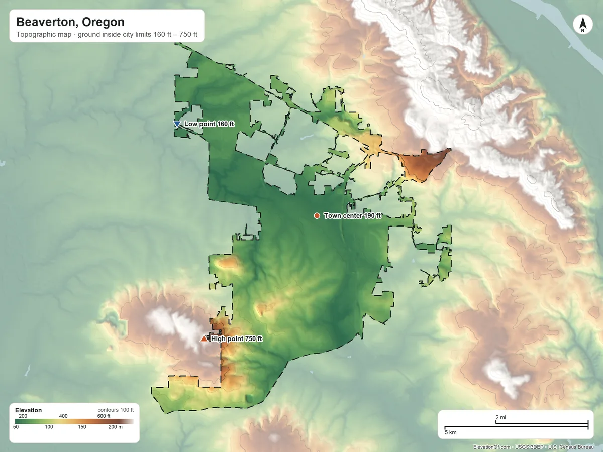 Topographic elevation map of Beaverton, Oregon, shaded from 160 ft on the northwest side to 750 ft on the southwest side