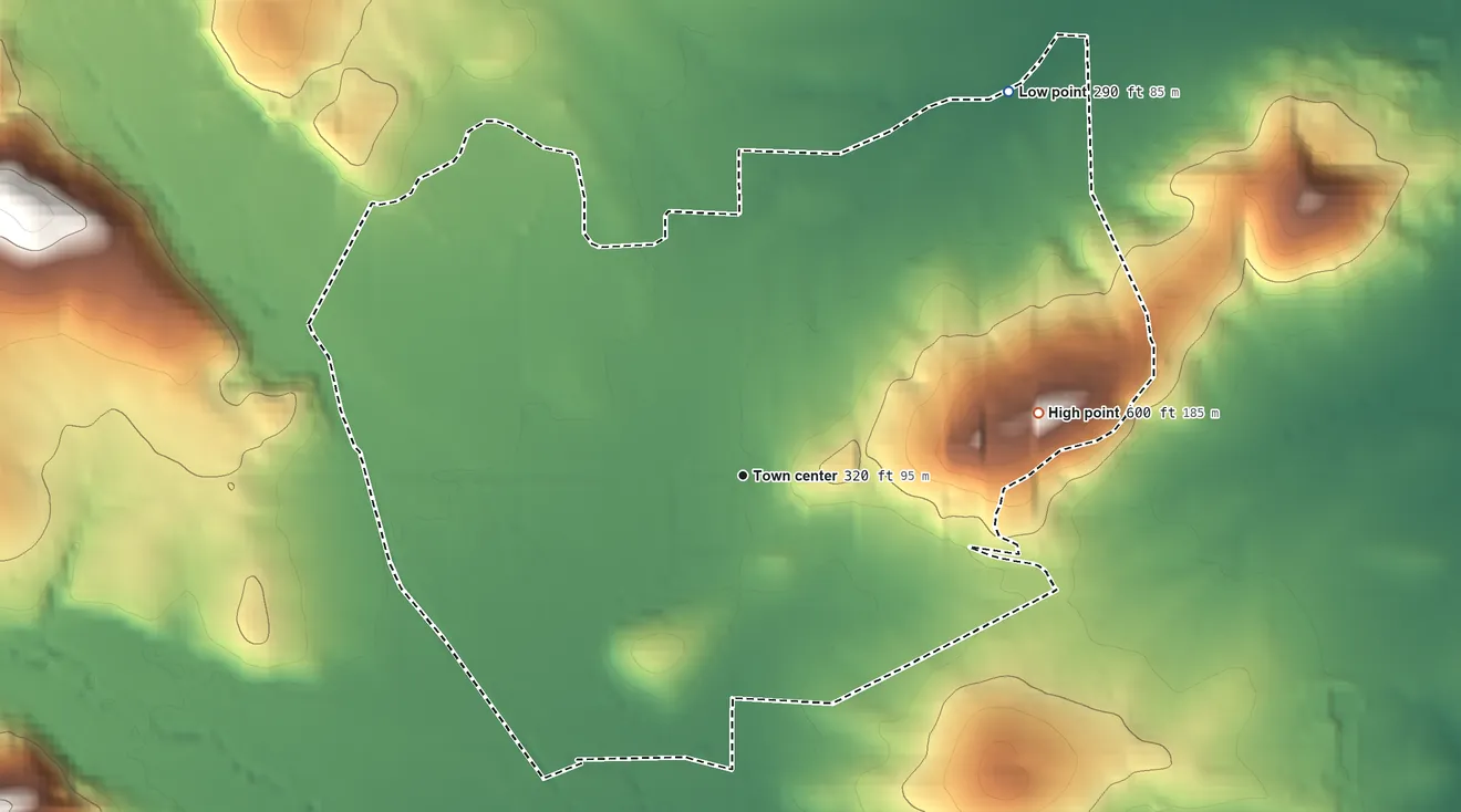 Topographic elevation map of Bellfountain, Oregon, shaded from 290 ft on the northeast side to 600 ft on the east side